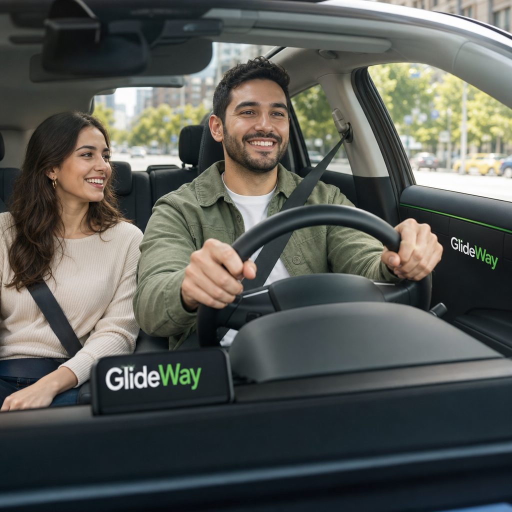 A friendly GlideWay driver at the wheel with a happy passenger, GlideWay branding on the car
