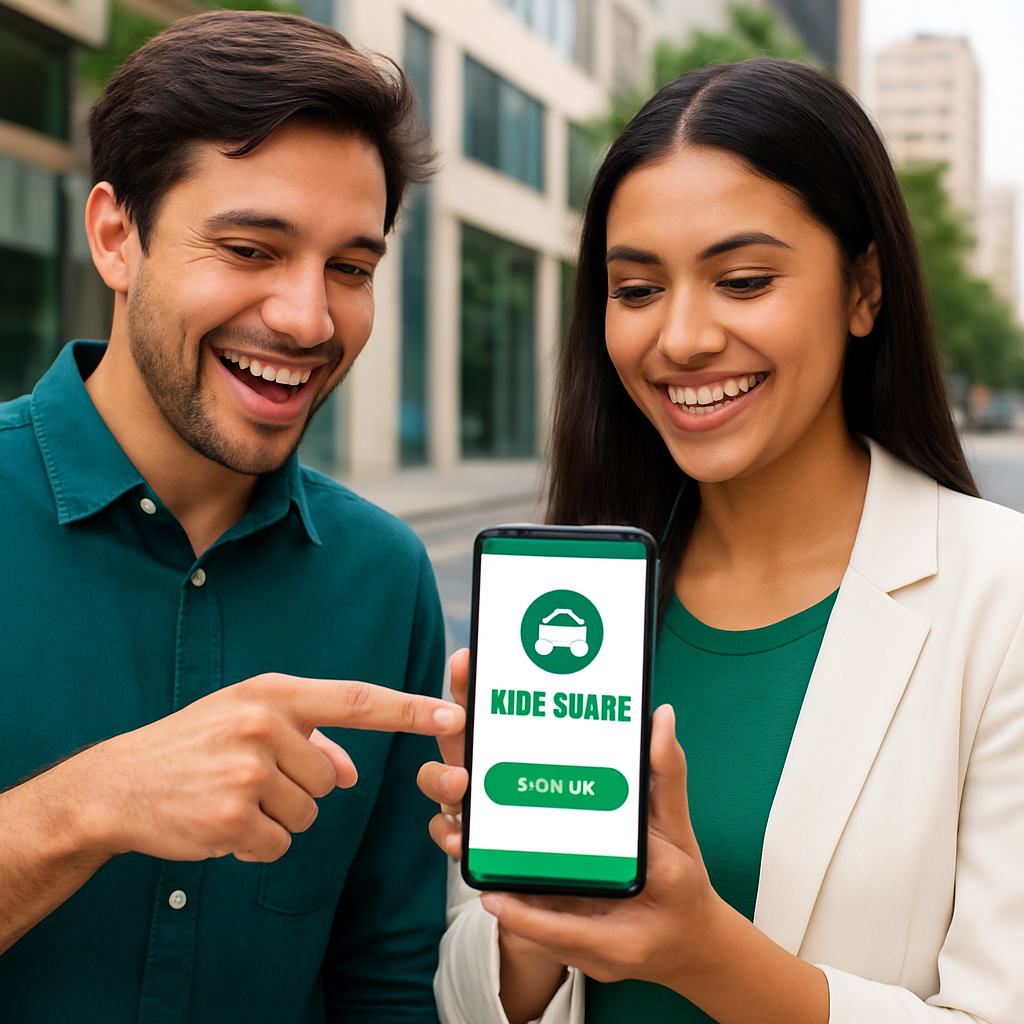 A man and a woman happily signing up to join GlideWay on a smartphone